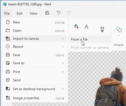Import to canvas menu option in Microsoft Paint.