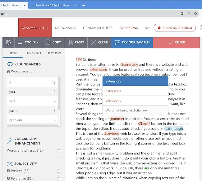 Scribens spelling and grammar checker  editor at the website.