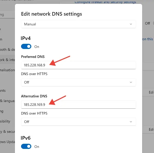 Enter DNS server addresses into Windows settings.