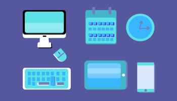 An illustration showing work gadgets like a computer, keyboard, calendar, and phone.