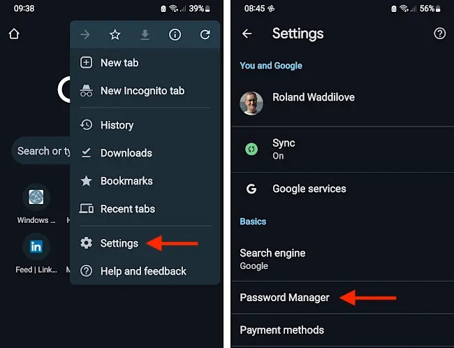 Chrome browser settings on an Android phone.