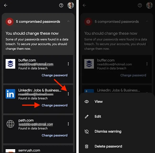 The results of the Password Checkup feature in Chrome on a phone.