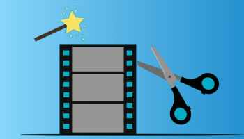 Film strip and scissors video editing illustration.