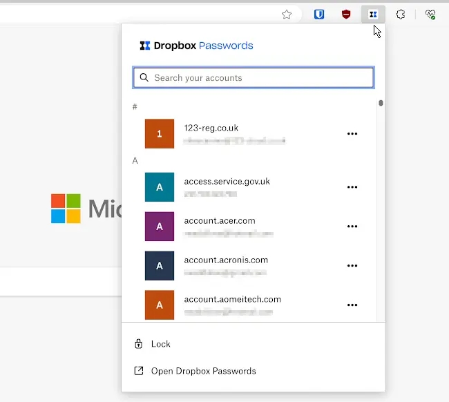 Dropbox Passwords extension in a browser.