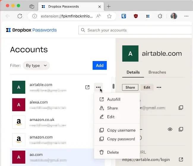 Dropbox Passwords extension in a browser.