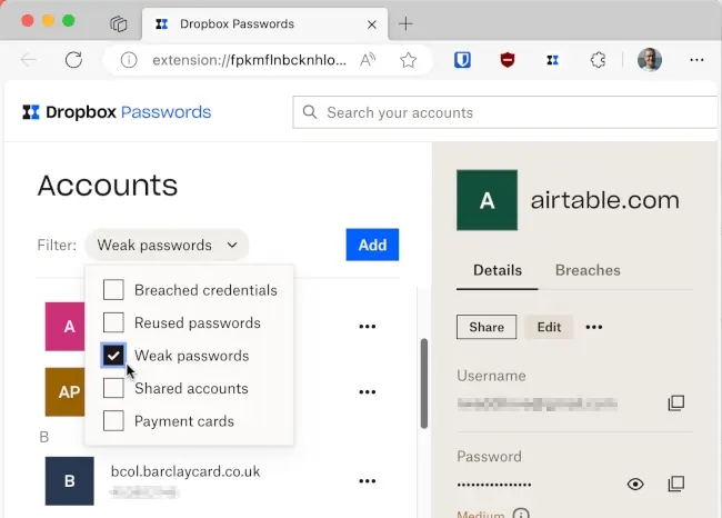 Dropbox Passwords filters to show bad passwords.