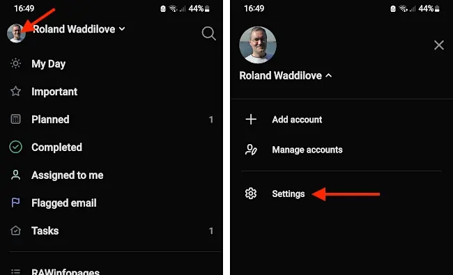 Microsoft To Do settings on an Android phone.