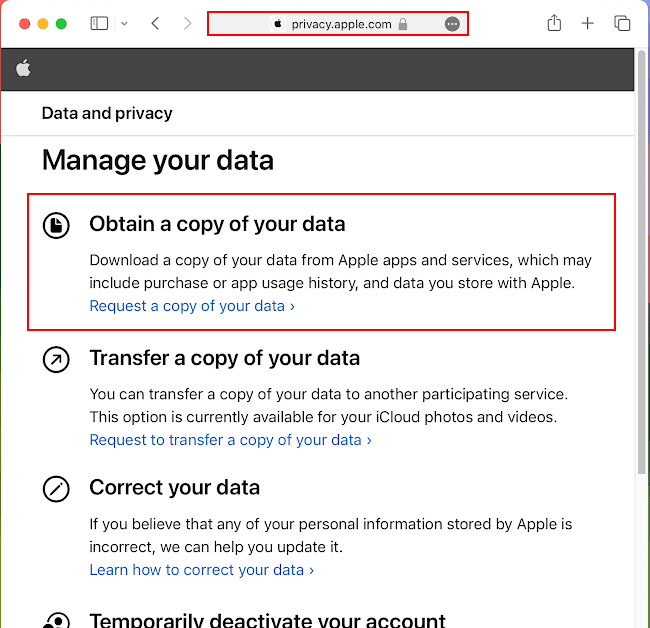 Download your data from Apple at the privacy.apple.com website