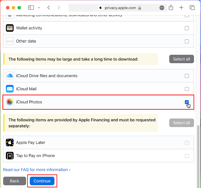 Choose what data to export at the privacy.apple.com website