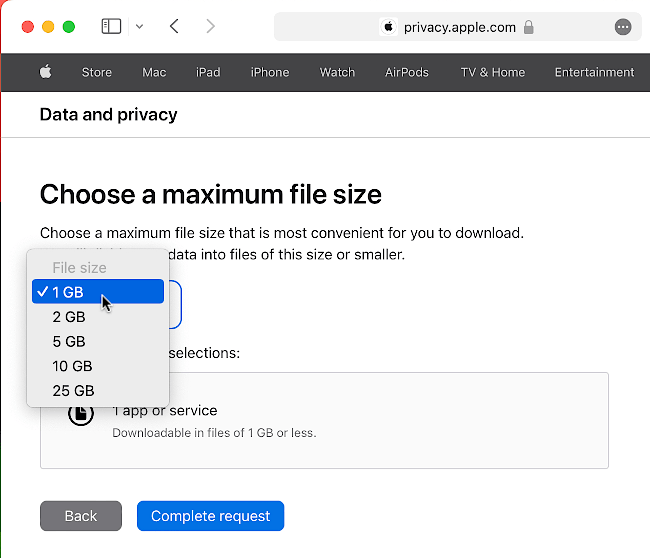 Select the size of the downloaded files from privacy.apple.com