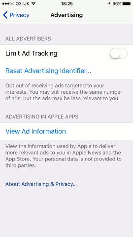 Ad tracking settings on the iPhone in iOS 10.3