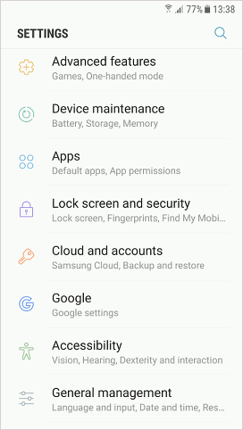 Android 7 Settings on a Samsung phone