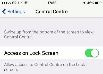 Access Control Centre on the iPhone lock scree