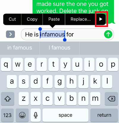Select text in the Messages app on the iPhone