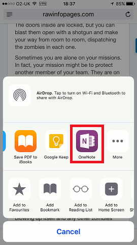 The sharing options in Safari on the iPhone