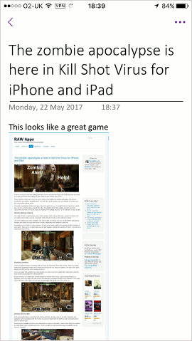 A web page saved to OneNote on the iPhone