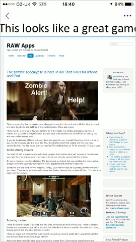 A web page saved to a note in OneNote on the iPhone
