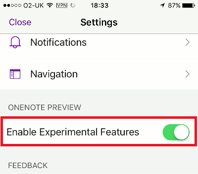 OneNote experimental features on the iPhone