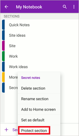 Protect a notes section in OneNote for Android