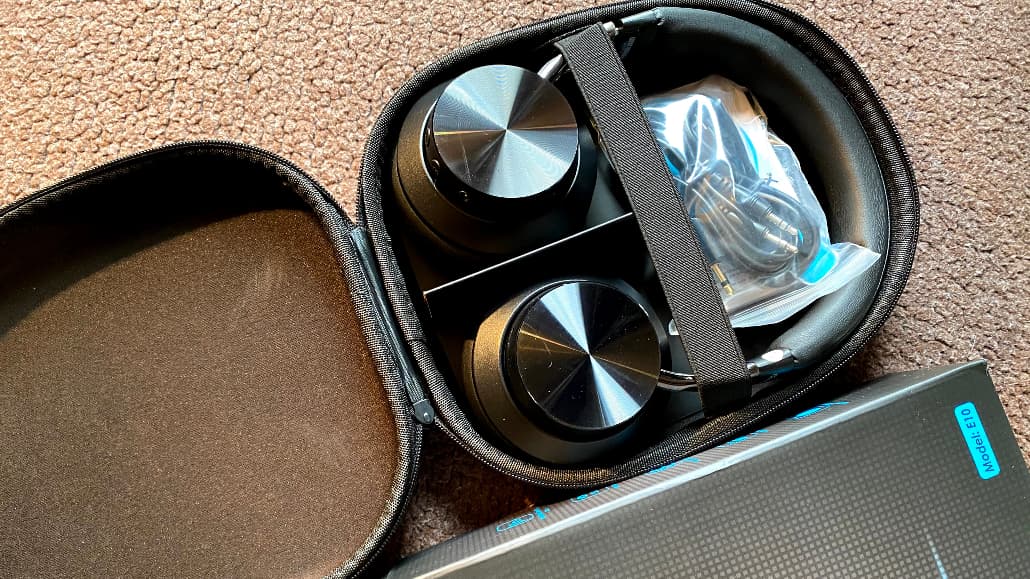 Mixcder E10 Active Noise Cancelling Bluetooth Headphones in a travel case