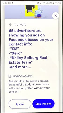 Facebook privacy settings in Jumbo Android app
