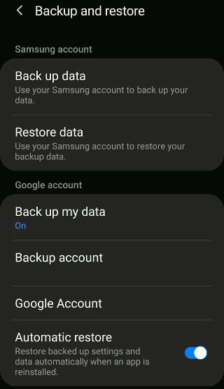 Backup options in Android settings on a Samsung phone
