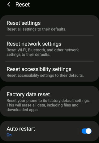 Reset options in Android phones