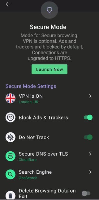 AVG Browser app for Android secure mode