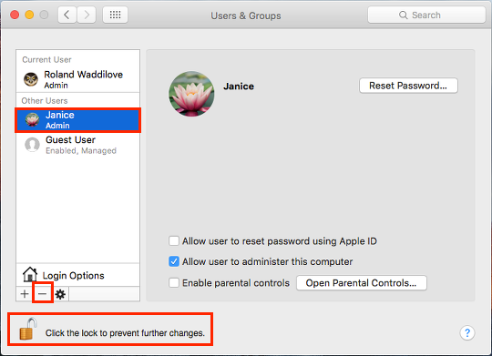 Select and delete user accounts in OS X El Capitan on the Apple Mac