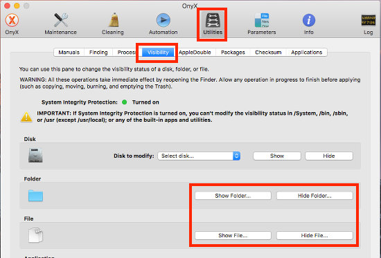 OnyX app for Apple Mac showing the utilities