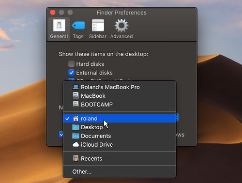 Select the default folder to display in Finder on the Apple Mac