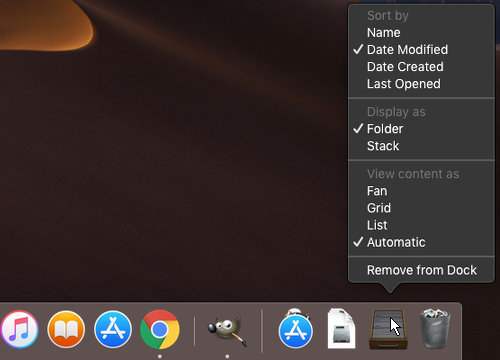 View options for a folder added to the Dock in macOS on the Apple Mac