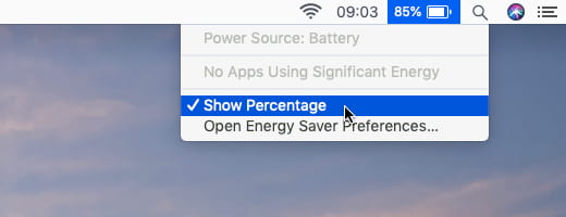 The menu bar in macOS on the Apple Mac  showing the battery status