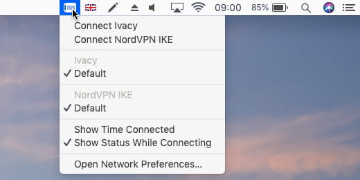 The VPN menu bar extra for macOS on the Apple Mac
