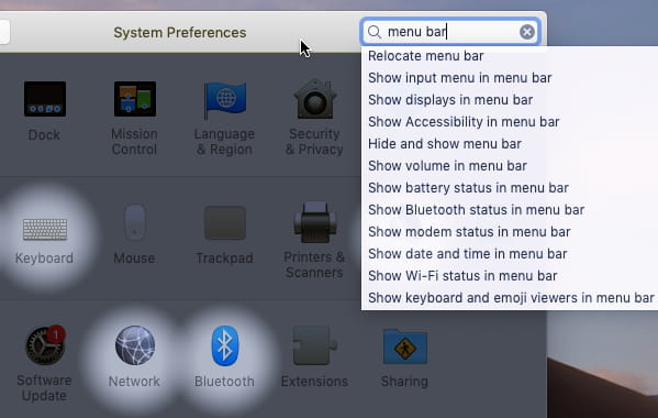 Menu bar extras in System Preferences on the Apple Mac