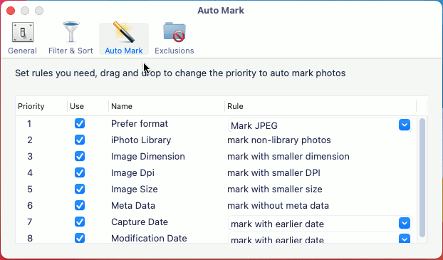 Rules for selecting duplicate photos in Duplicate Photos Fixer for Apple Mac