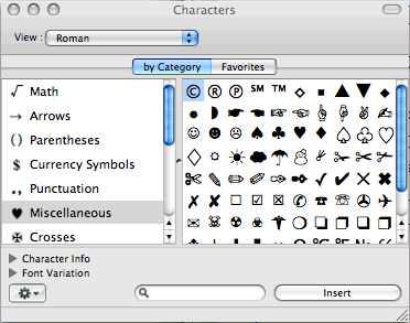 Mac OS X character paklette