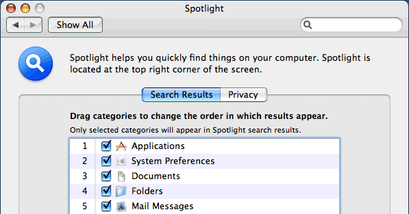 Spotlight preferences