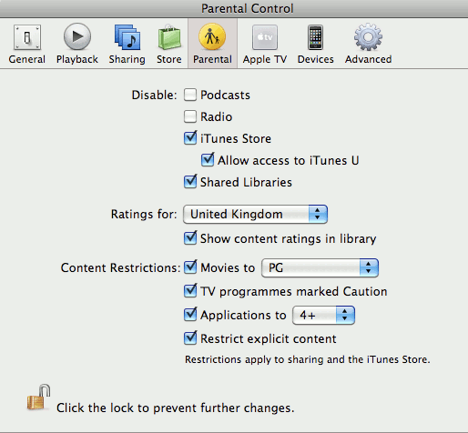 iTunes parental controls