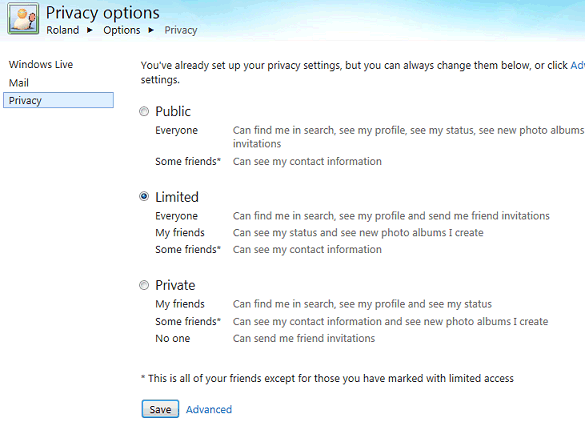 Windows Live privacy options