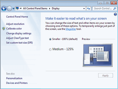 Windows 7 Control Panel Display
