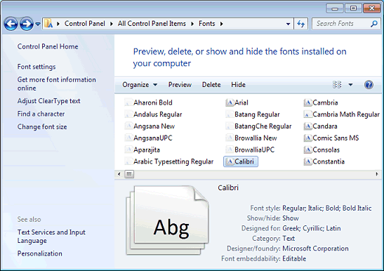 Windows 7 Control Panel Fonts