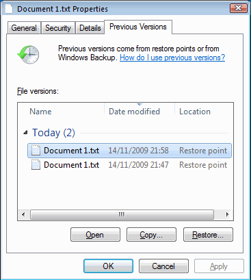 Windows Previous Versions feature
