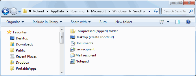Windows 7 Send To menu