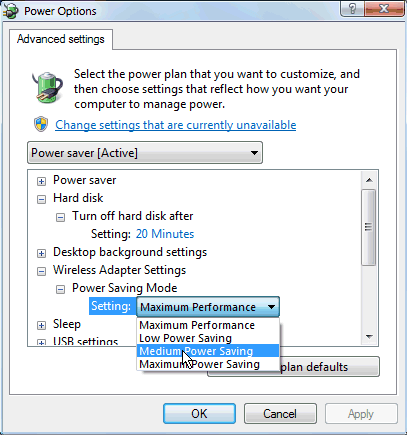 Windows power options