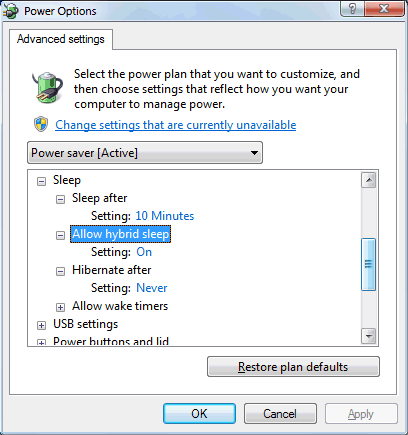 Windows power options