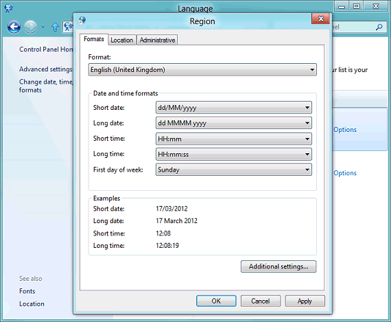 Windows 8 region settings