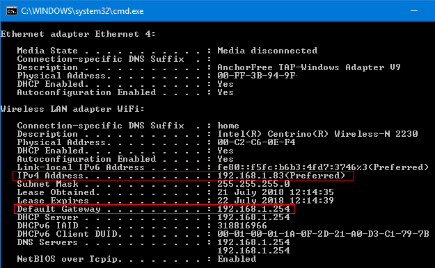 The ipconfig command at the Windows command prompt shows network information