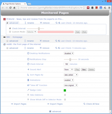Page Monitor for Chrome advanced settings