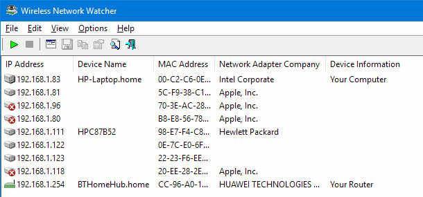 Wireless Network Watcher for Windows shows devices on the network
